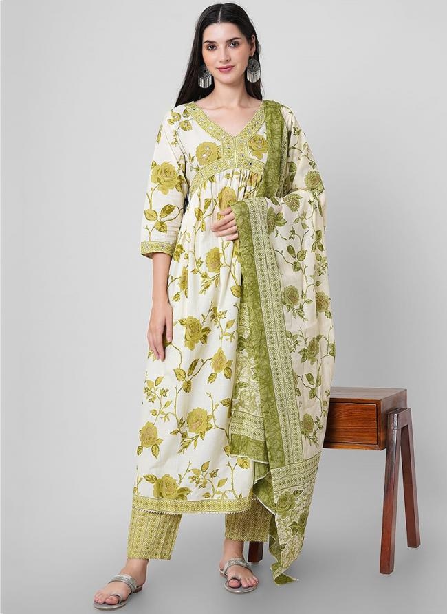 Pure Cotton Light Green Festival Wear Printed Readymade Salwar Suit